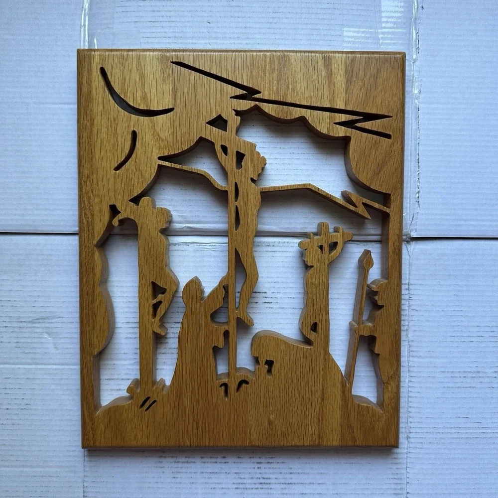 VTG Wooden Wall Hanging Laser Cut Out Folk Art Religious Scene MCM